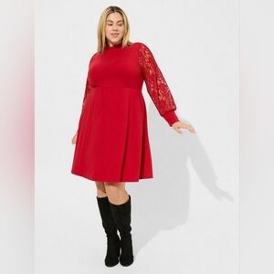 Torrid Red Jersey & Lace High Neck Long Sleeve Skater Dress 4X Nwt
